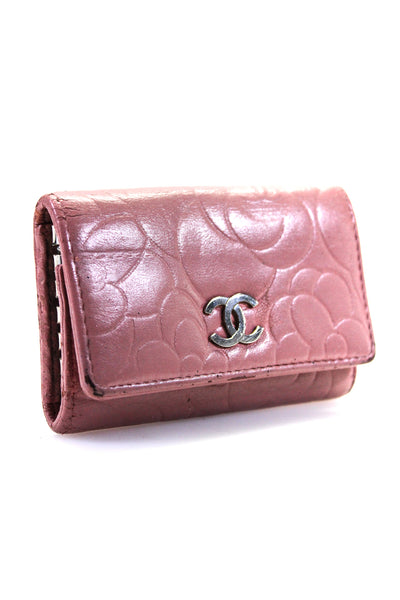 Chanel Womens CC Camellia Embossed Trifold Leather Key Holder Pink