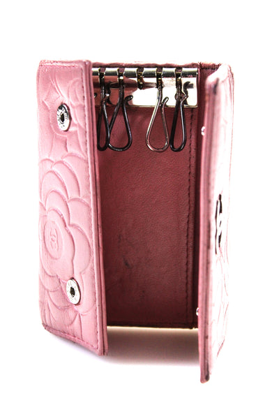 Chanel Womens CC Camellia Embossed Trifold Leather Key Holder Pink