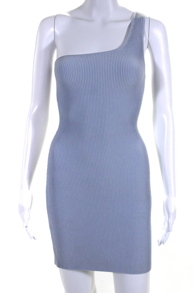 Babaton Womens One Shoulder Ribbed Knit Mini Sheath Dress Blue Size Small