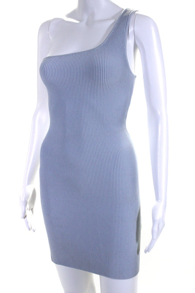 Babaton Womens One Shoulder Ribbed Knit Mini Sheath Dress Blue Size Small