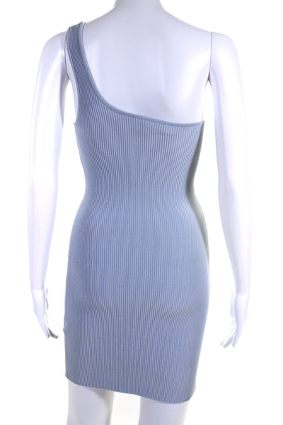 Babaton Womens One Shoulder Ribbed Knit Mini Sheath Dress Blue Size Small