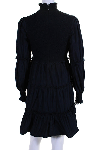 Cinq A Sept Womens Back Zip Long Sleeve Smocked Shift Dress Navy Blue Size 6