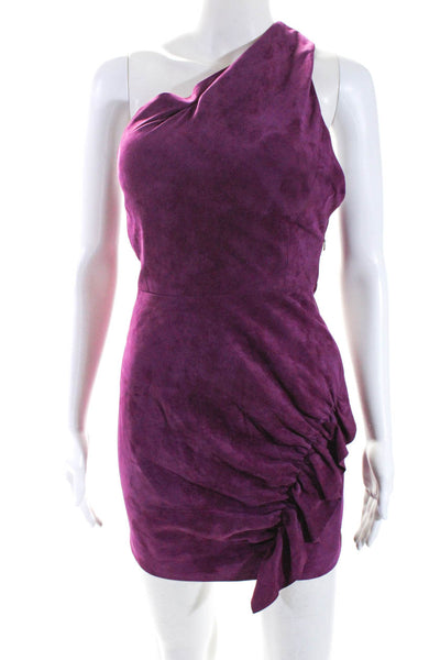 IRO Women's One Shoulder Ruffe Suede Leather Mini Dress Burgundy Size 34