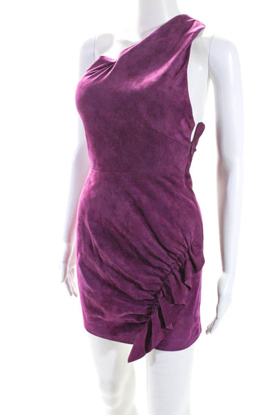 IRO Women's One Shoulder Ruffe Suede Leather Mini Dress Burgundy Size 34