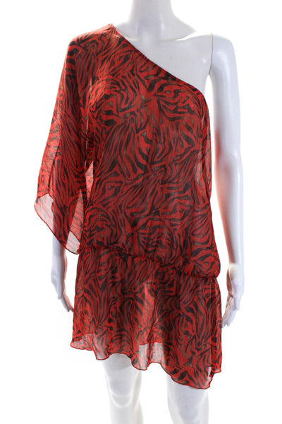 L Space Womens Red Printed One Shoulder Long Sleeve Chiffon Mini Dress Size L