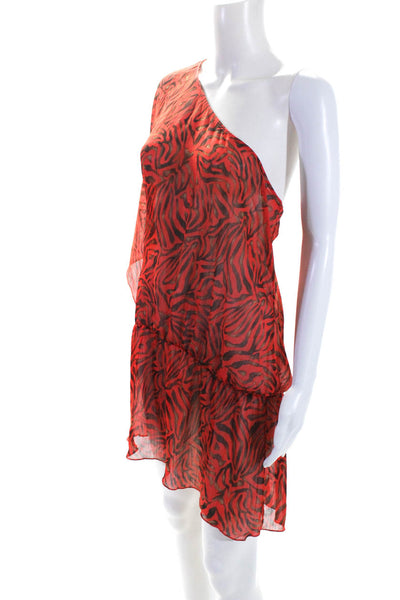 L Space Womens Red Printed One Shoulder Long Sleeve Chiffon Mini Dress Size L