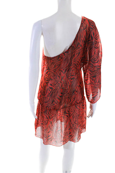 L Space Womens Red Printed One Shoulder Long Sleeve Chiffon Mini Dress Size L