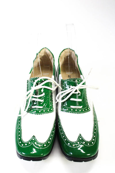 Walter Genuin Womens Patent Leather Lace Up Oxford Flats White Green Size 6