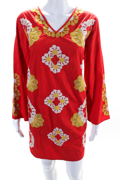 Frances Valentine Womens Cotton Floral Print V-Neck Long Sleeve Dress Red Size S