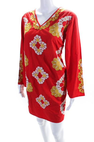 Frances Valentine Womens Cotton Floral Print V-Neck Long Sleeve Dress Red Size S