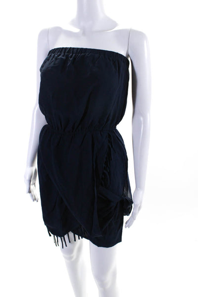 Leyendecker Womens Strapless Fringe Layered Silk Mini Dress Navy Blue Size 2