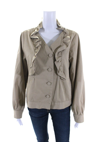 Sibel Saral Womens Ruffled Button Down Jacket Khaki Beige Cotton Size Medium