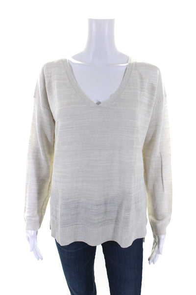 Theory Womens Beige Linen Knit V-Neck Long Sleeve Sweater Top Size S