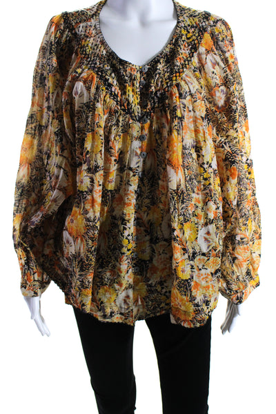 We the Free Womens Cotton Embroidered Long Sleeve Floral Blouse Yellow Size M