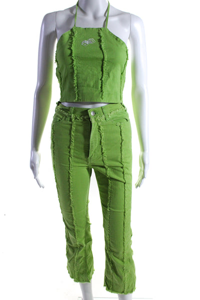 Mademe Womens Bright Green Cotton Distress Halter Crop Top Jeans Set Size S 24