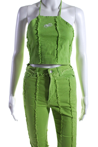 Mademe Womens Bright Green Cotton Distress Halter Crop Top Jeans Set Size S 24