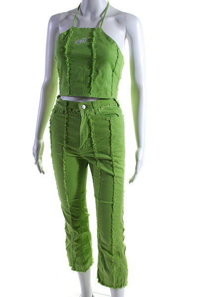 Mademe Womens Bright Green Cotton Distress Halter Crop Top Jeans Set Size S 24