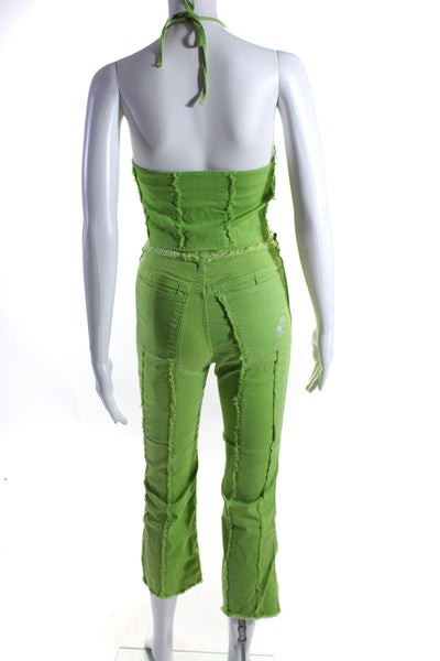 Mademe Womens Bright Green Cotton Distress Halter Crop Top Jeans Set Size S 24