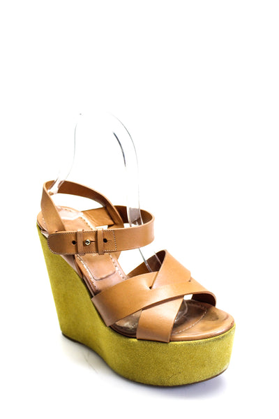 Sergio Rossi Women's Strappy Ankle Buckle Platform Wedge Sandals Camel Size 6.5