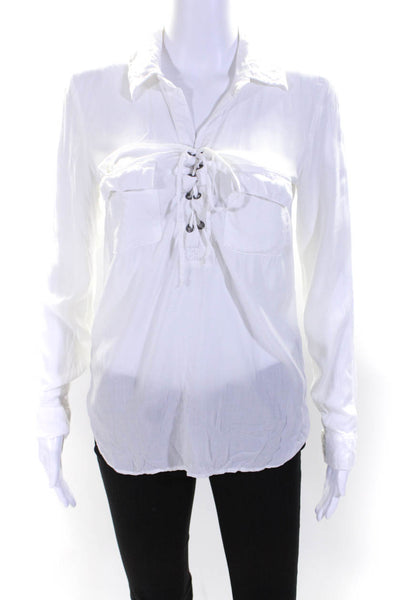 Splendid Womens Long Sleeve Lace Up Collared Top Blouse White Size Small