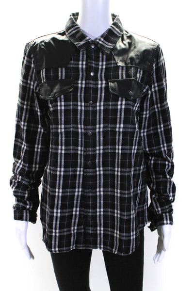 Current/Elliott Womens Faux Leather Plaid Flannel Snap Shirt Blouse Black White