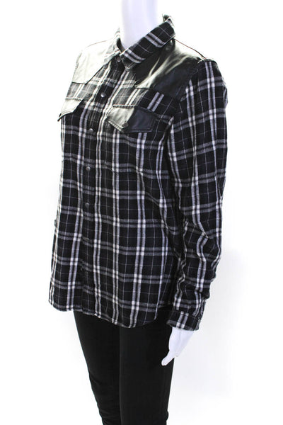 Current/Elliott Womens Faux Leather Plaid Flannel Snap Shirt Blouse Black White