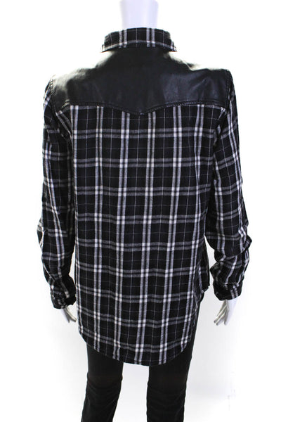 Current/Elliott Womens Faux Leather Plaid Flannel Snap Shirt Blouse Black White