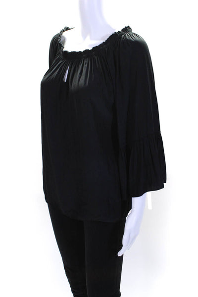 Ramy Brook Womens Bell Sleeve Off Shoulder Satin Top Blouse Black Size Medium