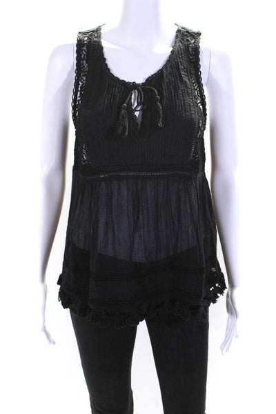 Joie Womens Embroidered Mesh Y Neck Tank Top Blouse Black Size Small