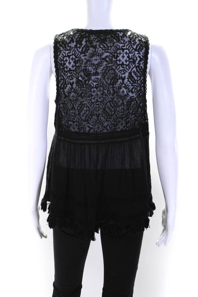 Joie Womens Embroidered Mesh Y Neck Tank Top Blouse Black Size Small