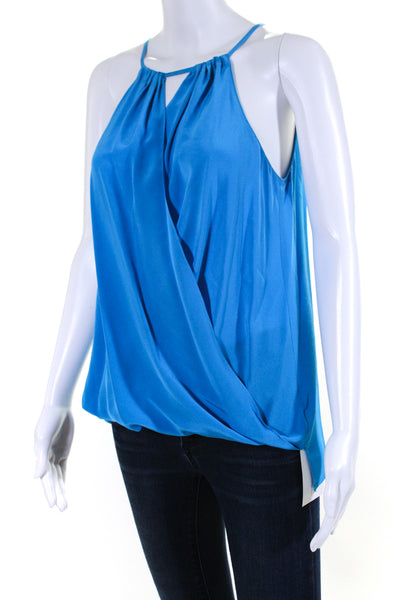 Amanda Uprichard Women's High Neck Sleeveless Silk Wrap Blouse Blue Size M