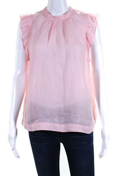 Bella Dahl Women's Round Neck Ruffle Cap Sleeves Linen Blouse Pink Size S