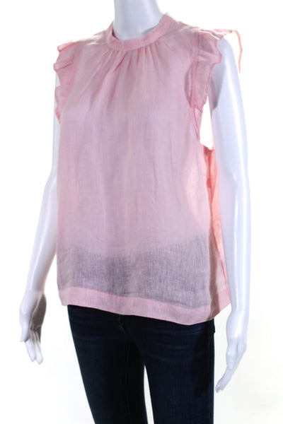 Bella Dahl Women's Round Neck Ruffle Cap Sleeves Linen Blouse Pink Size S