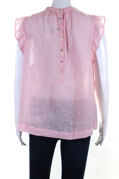 Bella Dahl Women's Round Neck Ruffle Cap Sleeves Linen Blouse Pink Size S