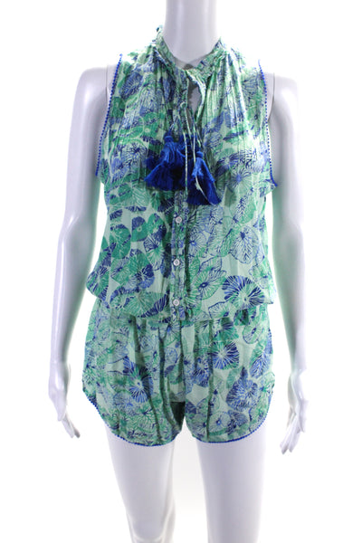 Poupette St. Barth Womens Leaf Print Sleeveless Romper Blue Green Size Small