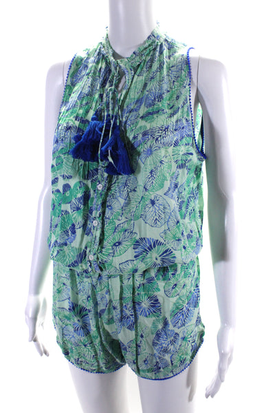 Poupette St. Barth Womens Leaf Print Sleeveless Romper Blue Green Size Small