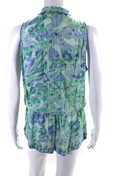 Poupette St. Barth Womens Leaf Print Sleeveless Romper Blue Green Size Small