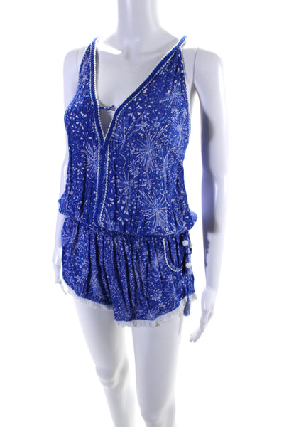 Poupette St. Barth Womens V Neck Sleeveless Floral Romper Blue White Size Small