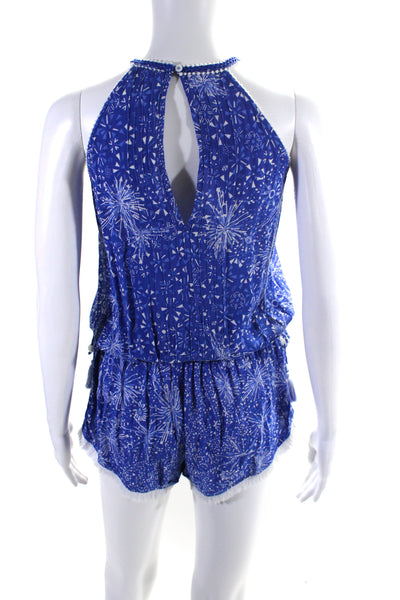 Poupette St. Barth Womens V Neck Sleeveless Floral Romper Blue White Size Small