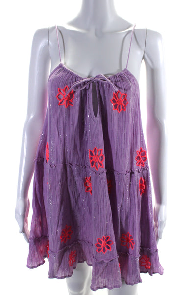 Sundress Womens Embroidered Flower Eyelet Metallic Shift Dress Purple Size XS/S