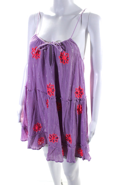 Sundress Womens Embroidered Flower Eyelet Metallic Shift Dress Purple Size XS/S