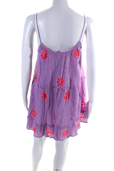 Sundress Womens Embroidered Flower Eyelet Metallic Shift Dress Purple Size XS/S