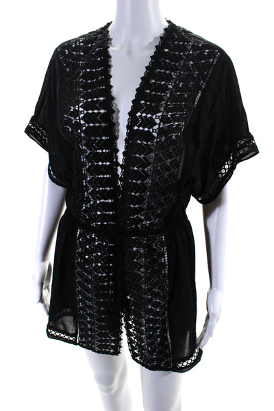 Ramy Brook Womens Short Sleeve Lace Tie Front Robe Kimono Black One Size