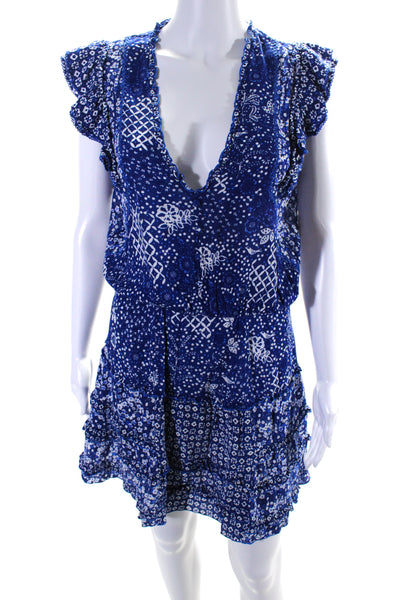 Poupette St. Barth Womens Short Sleeve V Neck Floral A Line Dress Blue Small