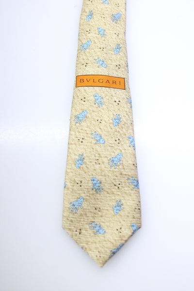 Bvlgari Mens Classic Width Hand Printed Silk Tie Brown Blue