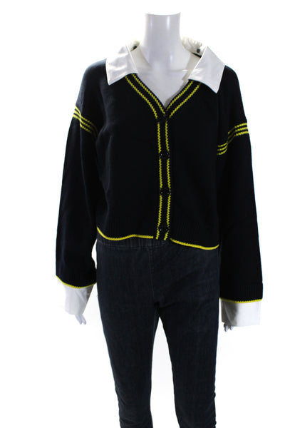 Adeam Women's Collared Long Sleeves Button Up Campus Cardigan Navy Blue Size M