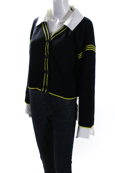 Adeam Women's Collared Long Sleeves Button Up Campus Cardigan Navy Blue Size M