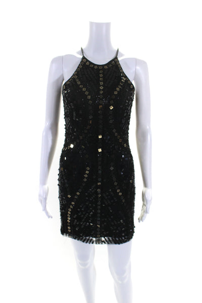 Parker Womens Beaded Sequin Halter Mini Sheath Dress Black Size Small