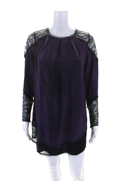 Alice + Olivia Womens Lace Insert Long Sleeve Shift Dress Purple Silk Size XS