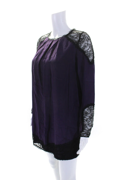 Alice + Olivia Womens Lace Insert Long Sleeve Shift Dress Purple Silk Size XS